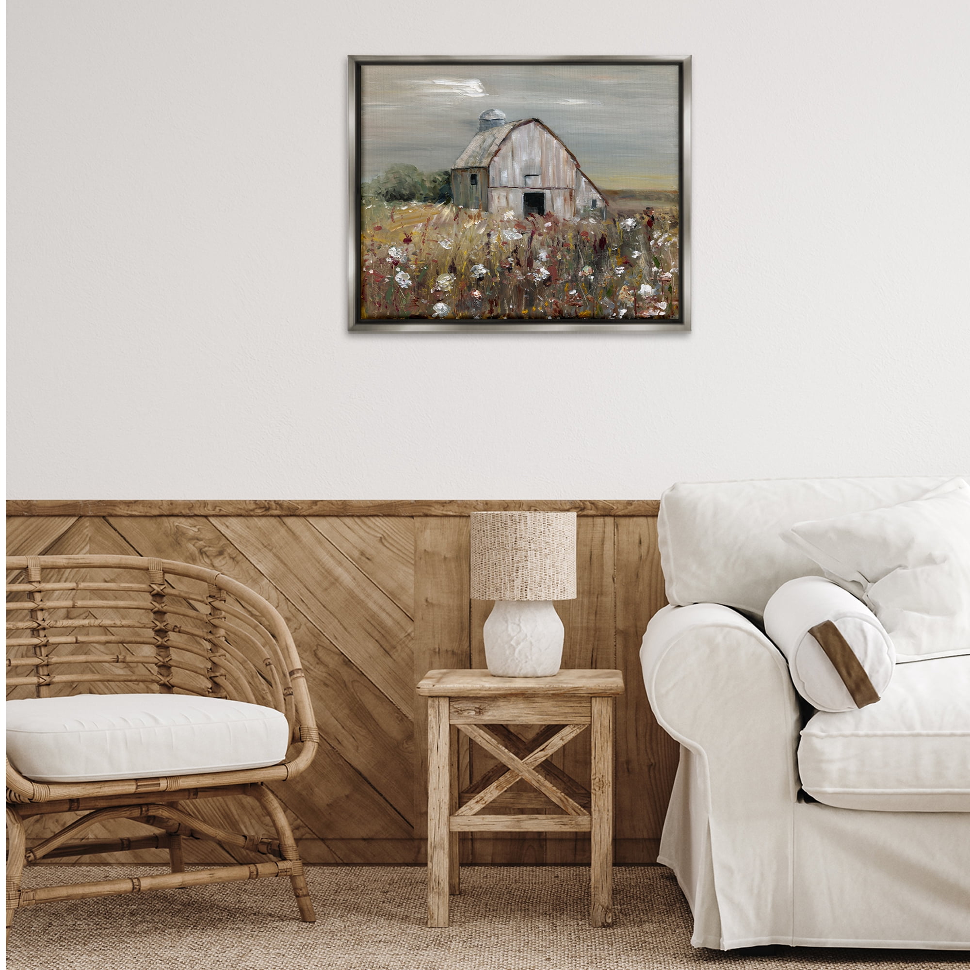 Stupell Industries Natural Farm Landscape Landscape & Nature Painting Gray Floater Framed Canvas Art Print Wall Art, 31 x 25
