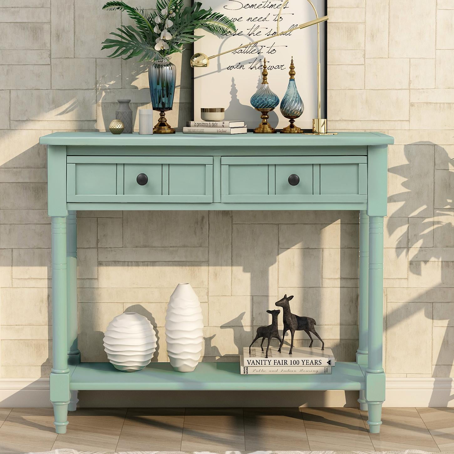 Wooden Console Table with 2 Drawers and Storage Shelf, Sofa Table Entryway Table Side Desk TV Stand for Living Room Hallway,Retro Blue