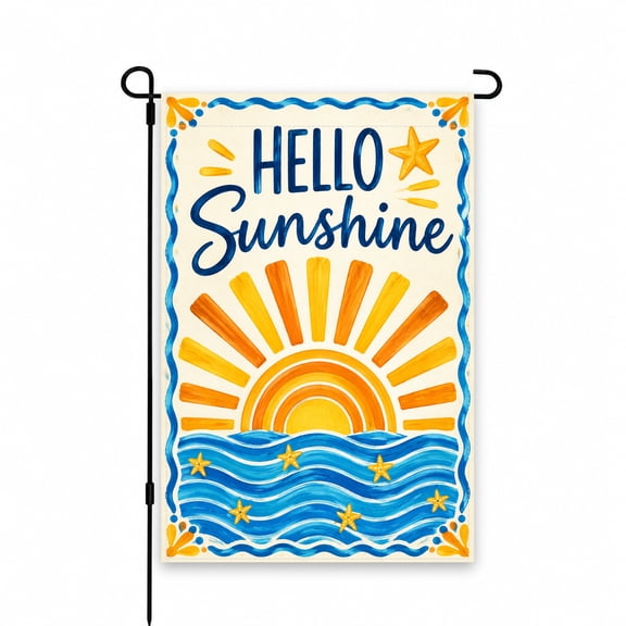 Decorative Garden Flag "Hello Sunshine" Design 12x18 Inch Blue Yellow Summer Outdoor Decor for Yard Lawn Patio Porch Vibrant Sun and Sea Theme