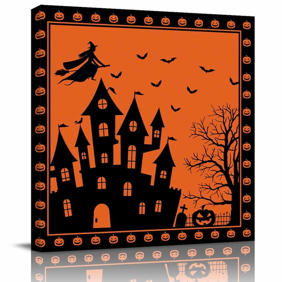 Halloween Haunted Castle Pumpkin Dead Trees Canvas Artwork Painting Art, Witch Bat Orange Back Square Framed Wall Decorations Prints Picture for Bedroom Kitchen Living Room, 8x8 in