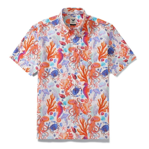 YIUME Men's Hawaiian Shirt Ocean Life Print By Rebecca Elfast Cotton Button-down Short Sleeve Aloha Shirt