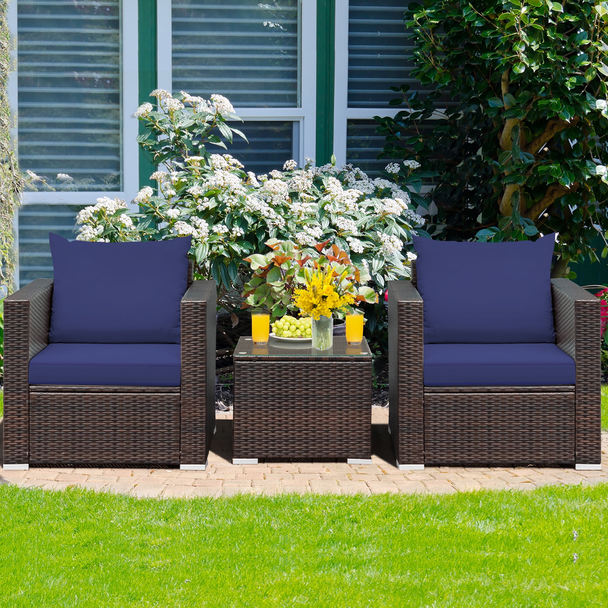 Costway 3PCS Patio Rattan Furniture Set Conversation Sofa Cushioned Navy