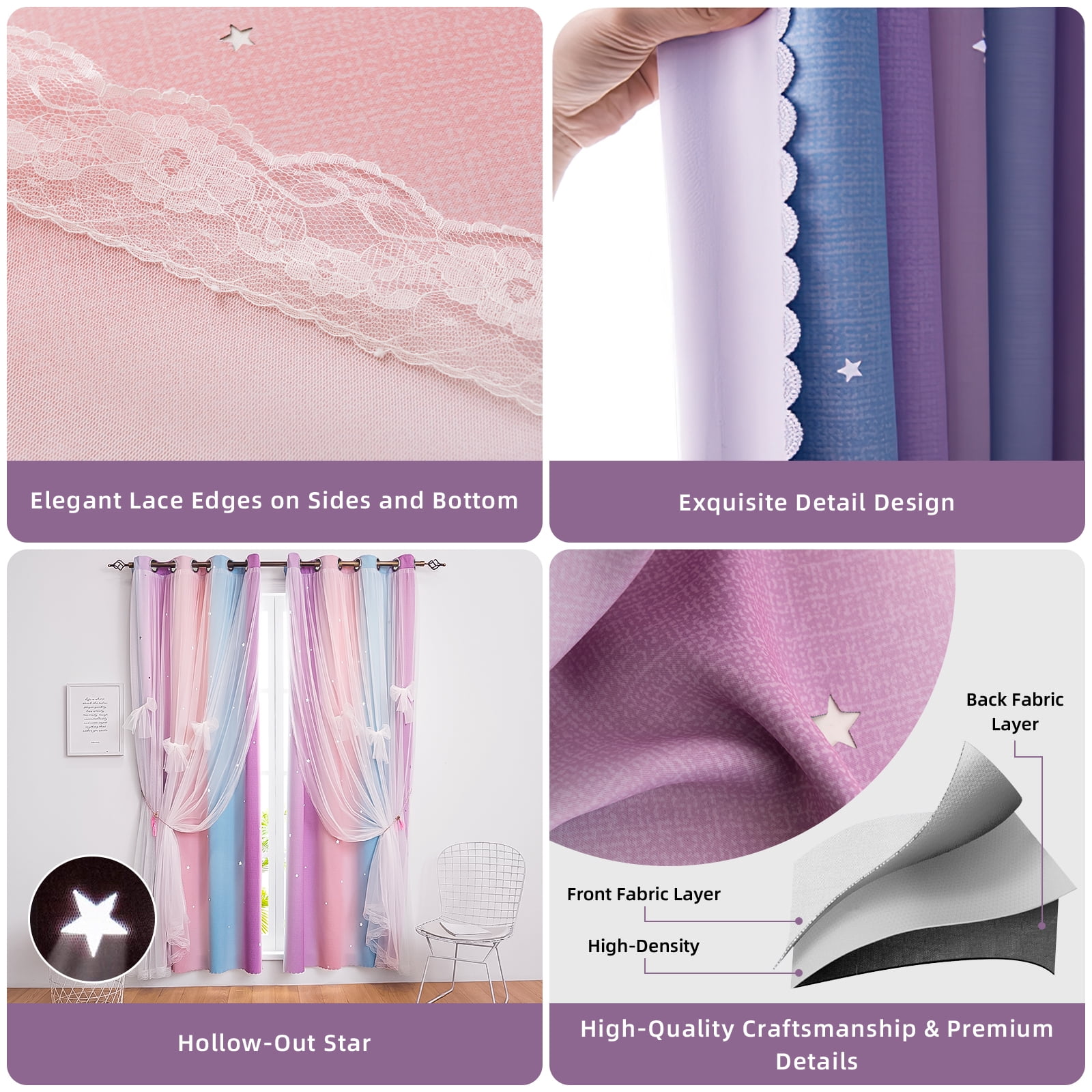 CshidWorld Blackout Curtains for Girls Kids Bedroom, Colorful Double Layer Star Cut Out Curtains for Girls Room Nursery Home Decor, 52''x 63'', 2 Panels
