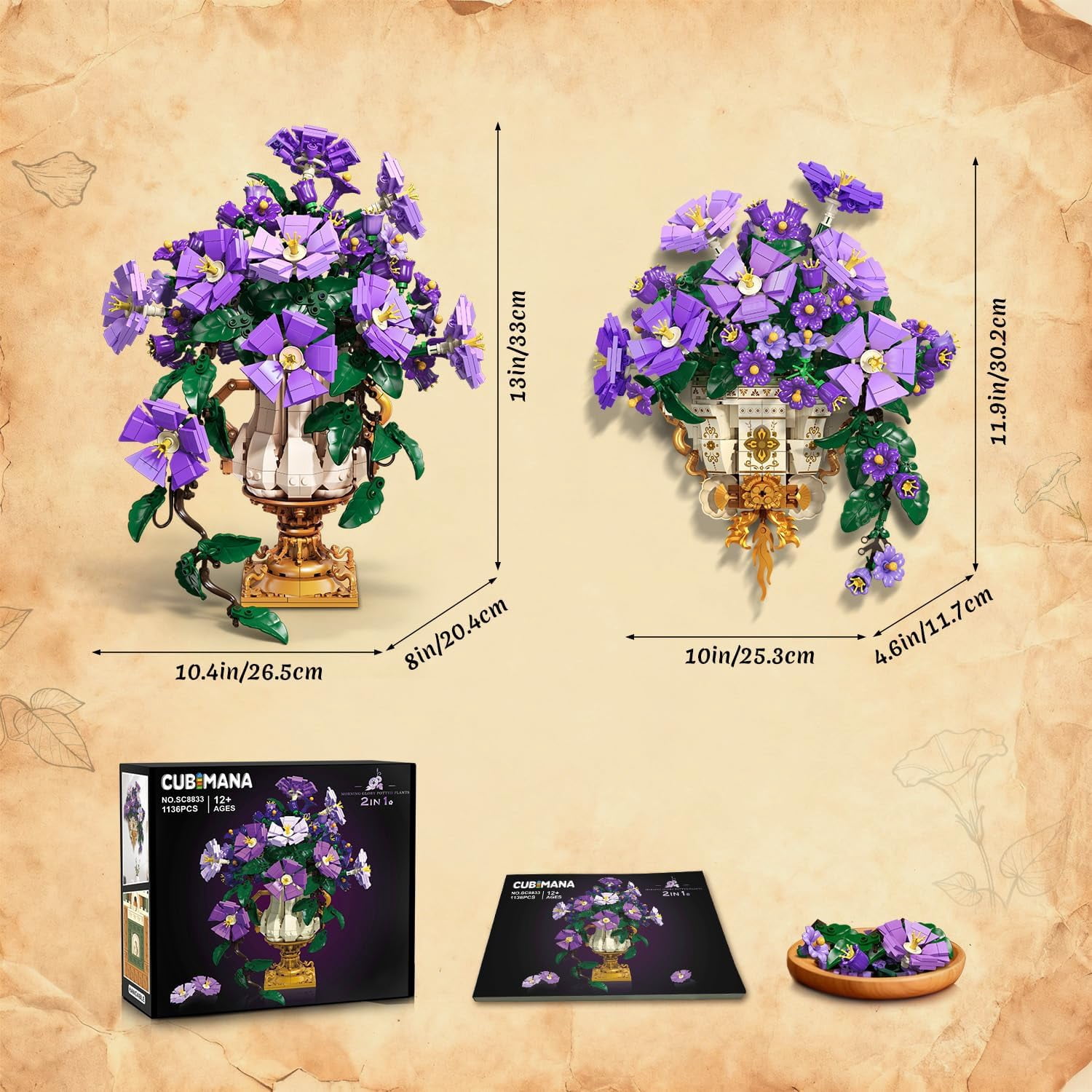 TERRAMUS Morning Glory Bouquet Building Set with Wall Mount, 1136 PCS Artificial Flower Blocks, 2-in-1 Desk Wall Display Construction Toy for Ages 12+