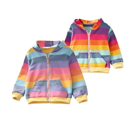 

Toddler Girls Casual Hoodies Sweatshirts Kids Rainbow Striped Zipper Jackets 2-6T
