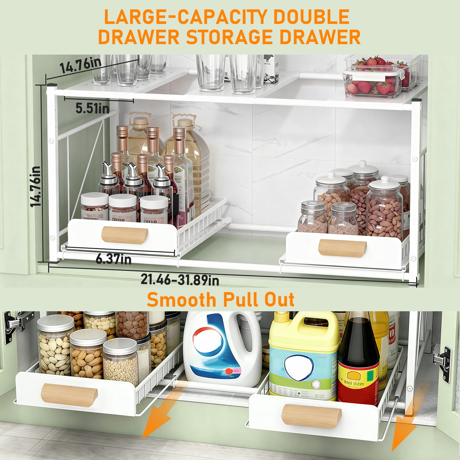 2 Tier Under Sink Organizer and Storage, Expandable Length 21.5"-31.8", Height Adjustable, 2 Sliding Drawers & Movable Top Shelves, for Bathroom & Kitchen, White
