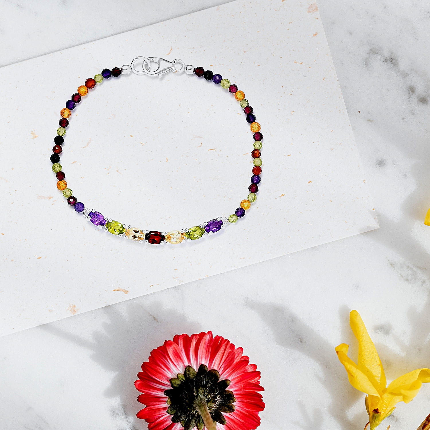 Colorful Bracelet in Sterling Silver - Multicolor Gemstone Bracelets for Women -  Birthstone Jewelry Birthday Christmas Gifts Size - 7.25 Inches