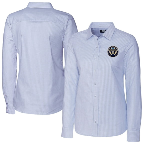 Women's-Cutter & Buck  Light Blue Philadelphia Union Stretch Oxford Stripe Tri-Blend Long Sleeve Button-Up Shirt