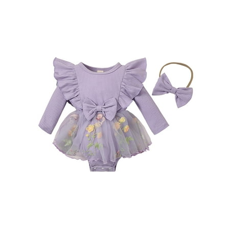 

Infant Girl Rompers Dress Butterfly Embroidery Bodysuits with Headband