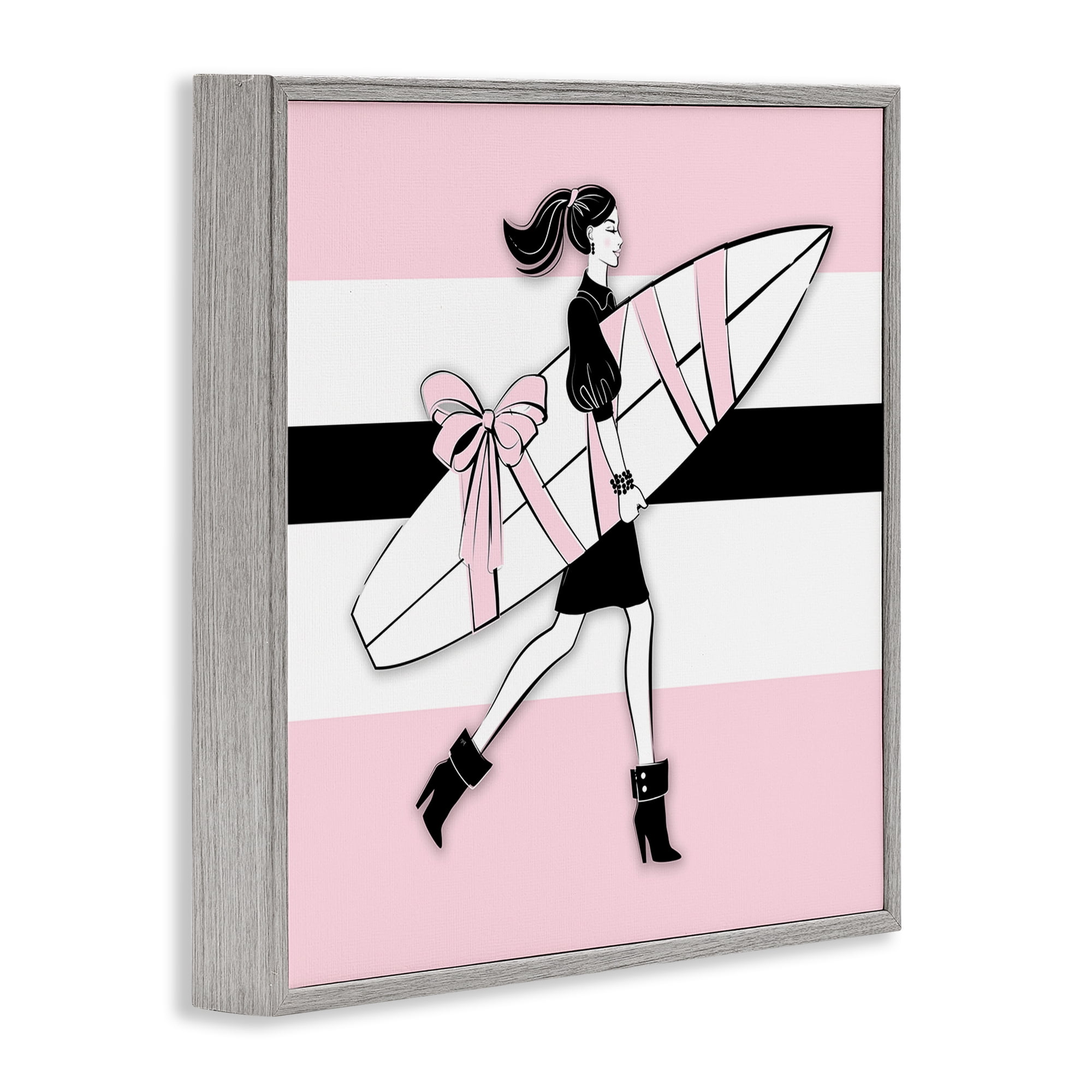 Stupell Industries Glam Girl With Surfboard Novelty Painting Gray Framed Art Print Wall Art, 17 x 17