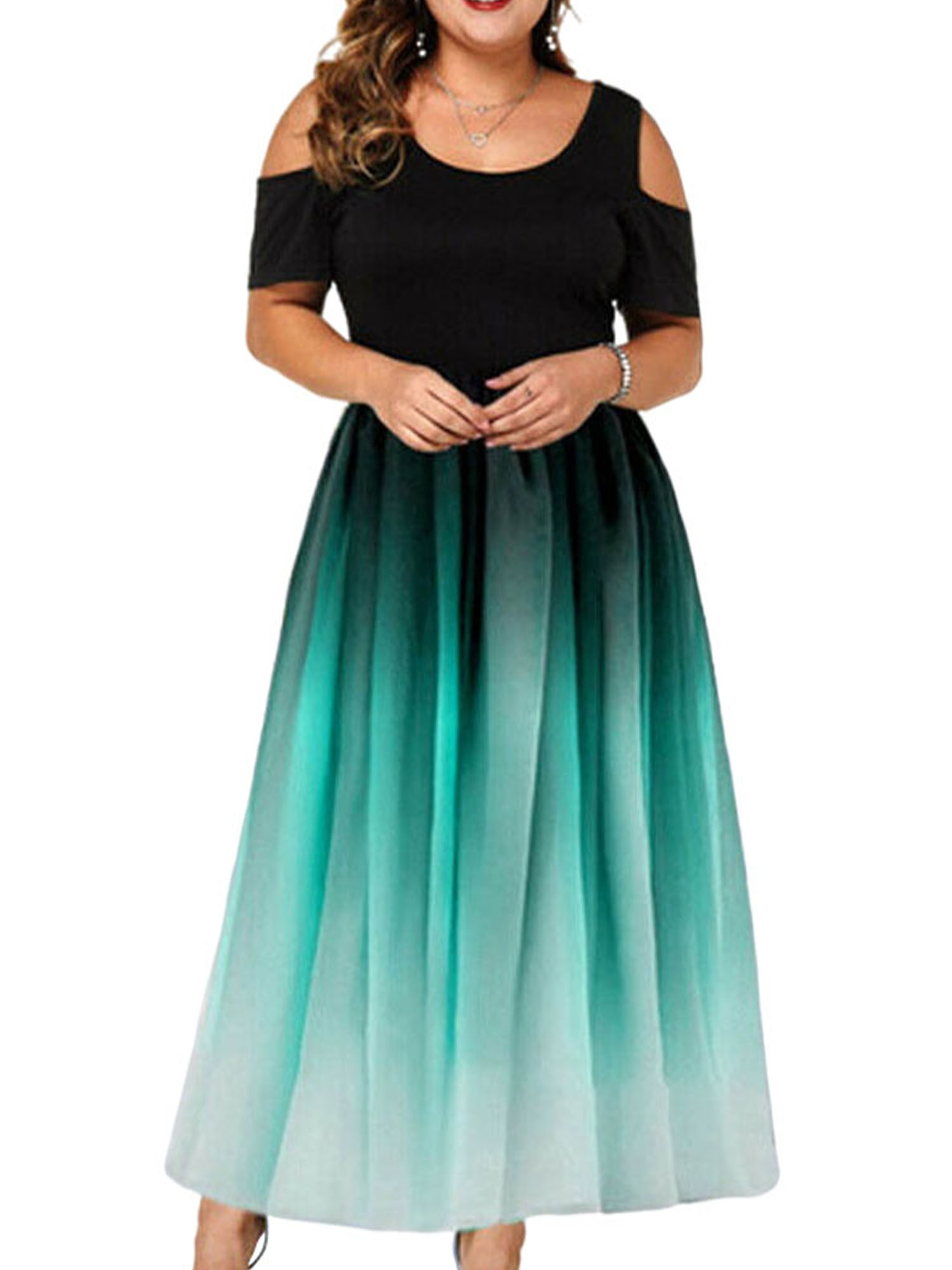 Plus Size Womens Dress Sling V Neck Flower Printing Cold Shoulder Strap Belted Empire Waist Side Split Maxi Dresses 