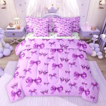 jejeloiu Cartoon Cute Bow 7pcs Bedding Comforter Set,Purple Kawaii Bowtie Queen Bedding Sets For Teens Reversible