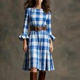 thumbnail image 2 of ClodeEU Women's Plaid Flare Long Sleeve Dress ,Ruched Smocked Tiered Ruffle A Line Casual Boho Dresses with Belt Blue,Womens Plus S, 2 of 7
