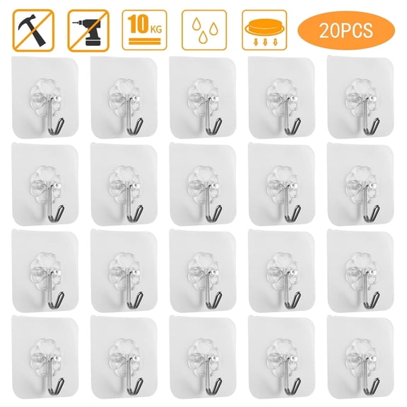 TSV 20pcs Self-Adhesive Wall Hooks Heavy Duty Reusable Hangers, Transparent