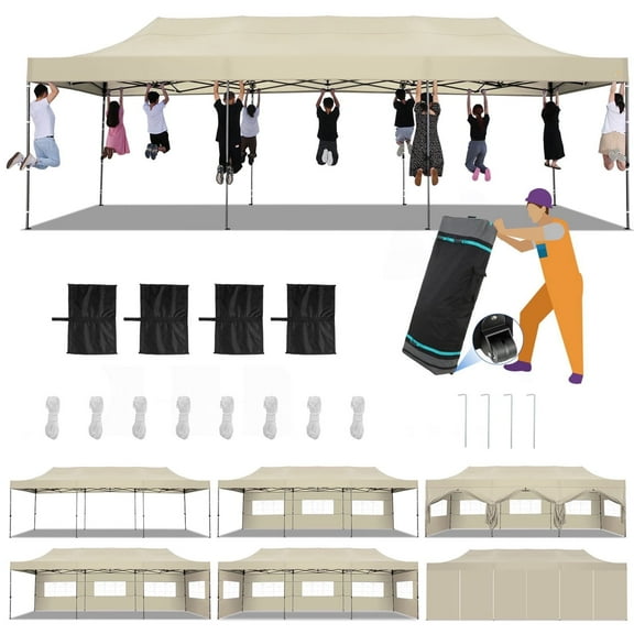COBIZI 10x30 Heavy Duty Canopy Pop up Commercial Canopy Tent with 8 Sidewalls,Outdoor Carport with Roller Bag,Pop up Tents for Parties,Wedding,Commercial,Events,Khaki(Frame Thickened)