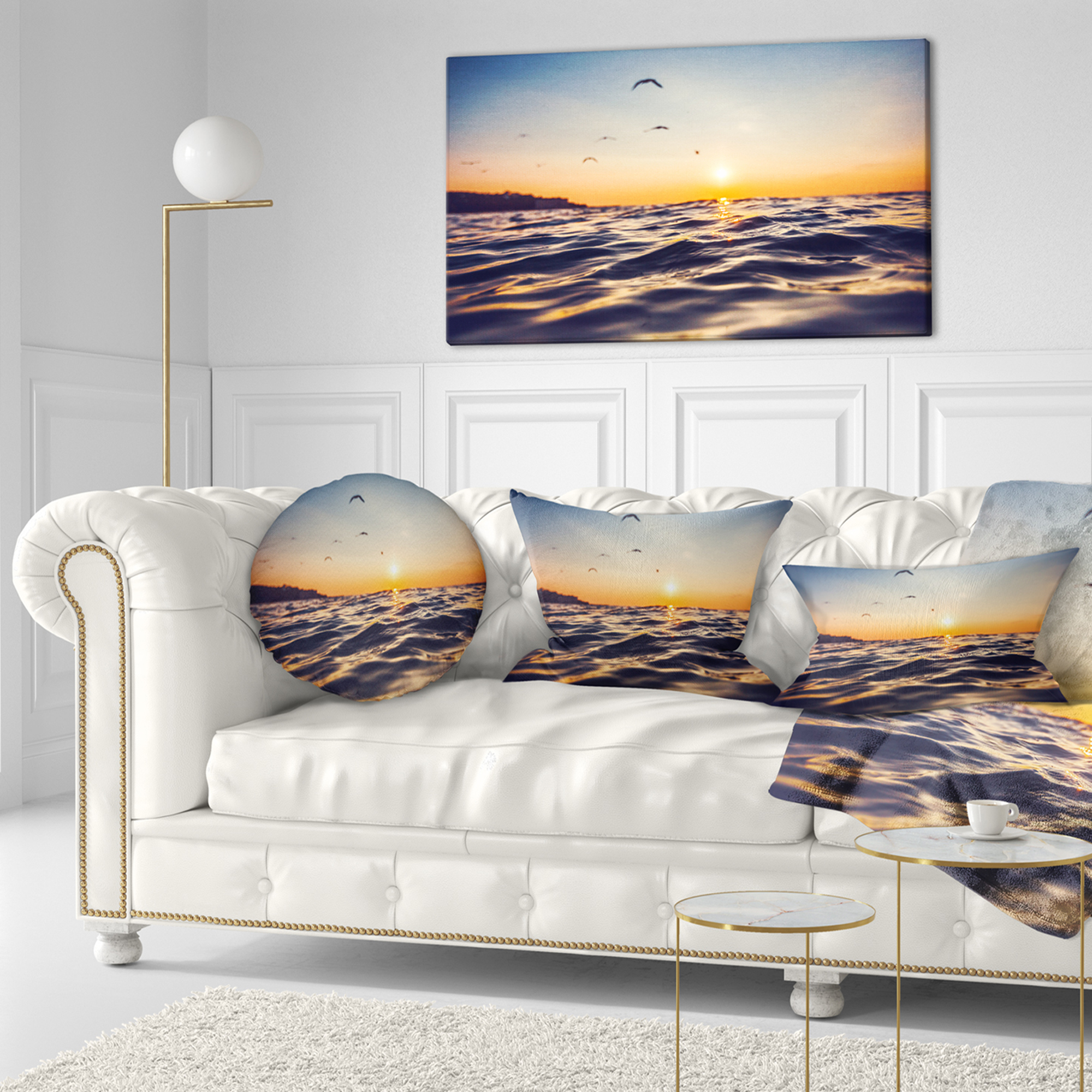 Designart Orange Tinged Sea Waters at Sunrise - Beach Photo Throw Pillow - 12x20