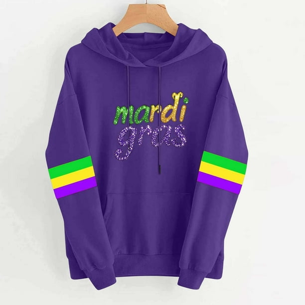 Uootdi Mardi Gras Womens Drawstring Hoodies for Women Carnival Crewneck Heart Print Hooded Long Sleeve Pullover Festive Color Block Loose Sweatshirts Gift