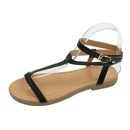 

HSMQHJWE Gladiator Sandals For Women Flat Summer Solid Women s Sandals Flat Open-Toe Dressy Comfy Sandals Buckle Strap Beach Sandals