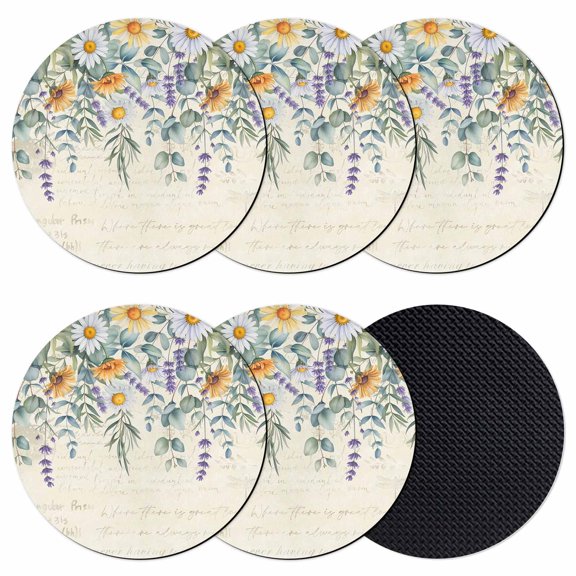 Floral Eucalyptus Leaves Coasters Set of 6, Absorbent Coasters for Drinks, Daisy Summer Botanical Pastoral Coaster for Desk Coffee Table Protection, Home Decor House Warming Gifts 4"