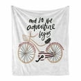 thumbnail image 1 of Adventure Cartoon Soft Flannel Fleece Throw Blanket, Bicycle with and so the Adventure Begins Hand Drawn Phrase, Cozy Plush for Indoor and Outdoor Use, 70" x 90", Pale Pink Beige, by Ambesonne, 1 of 6