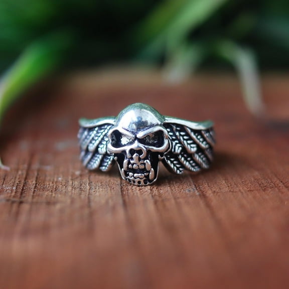 Winged Skull Ring, 925 Sterling Silver Ring, Gothic Biker Style, Bold Silver Ring, Statement Ring, Boho Jewelry Hello wen Ring, Men's Ring**