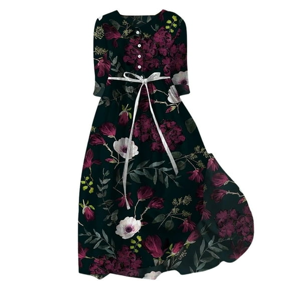 Dresses for Women 2024 Boho Floral Lapel Neck Button Casual A-Line Lace-Up Dress Vacation Beach Flowy Long Dress