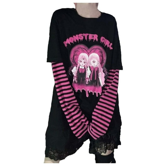 Womens Striped Patchwork T Shirt Y2K Streetwear Loose Long Sleeve Tops Retro Graphic Tee A-Black L