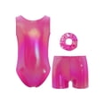 thumbnail image 3 of TSSOE Girls Glossy Dance Leotard and Shorts Set Sleeveless Criss-Cross Back Bodysuit Top + Shorts Scrunchies for Ballet Hot Pink 7-8, 3 of 7