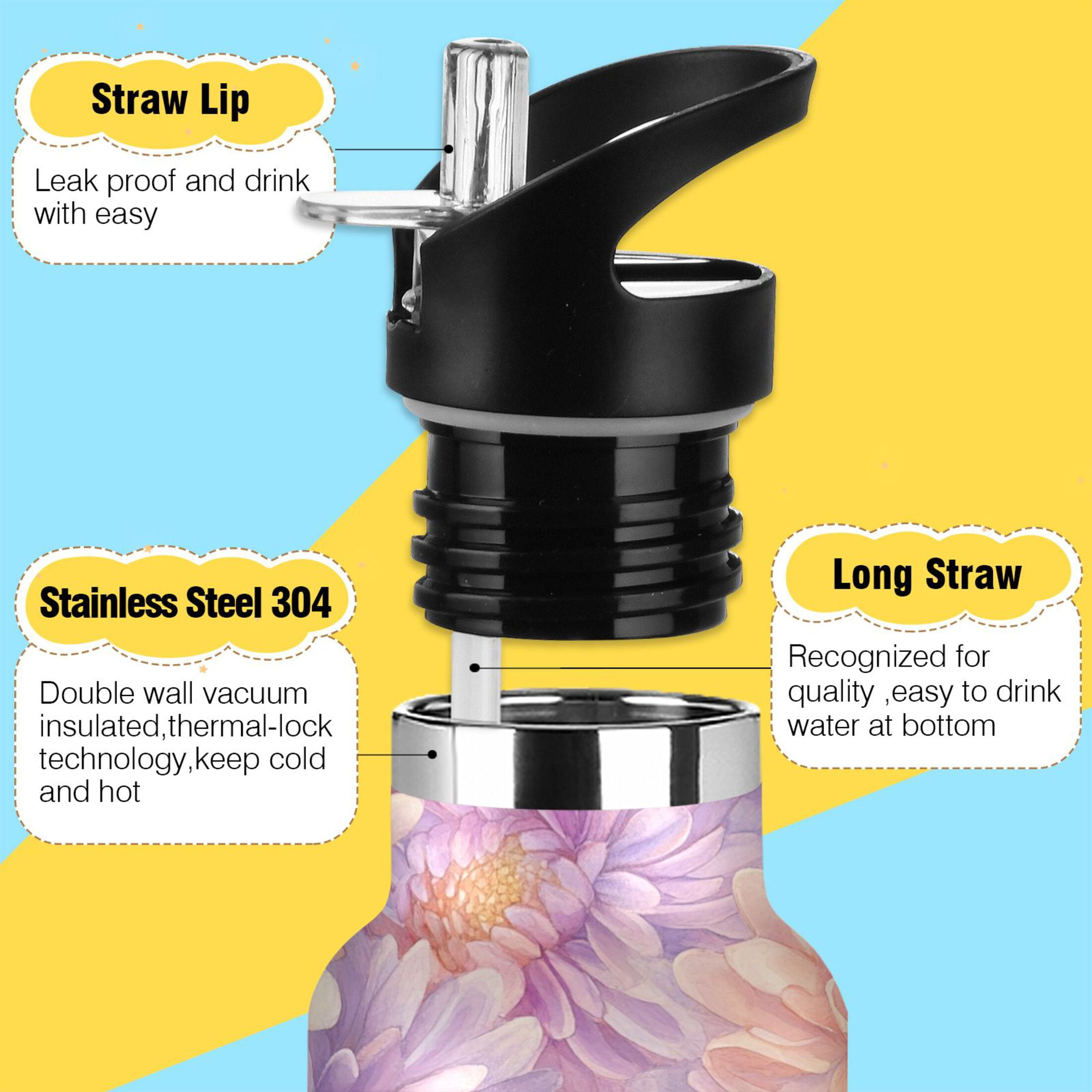 600ML Stainless Steel Insulated Cup Sports Water Bottle Portable Thermos Cup Water Glasses Insulated Tumblers Convenient and Durable Chrysanthemums Cream
