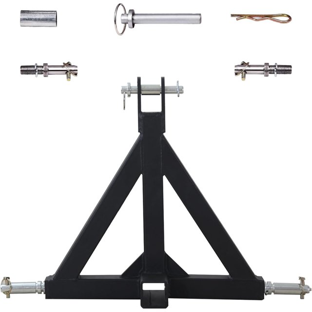 EDTara Heavy Duty 3 Point Tractor Drawbar 2" Stabilized Steel Tow Hitch Receiver for Trailers & Implements. The image shows a black steel quick hitch drawbar adapter with a triangular frame, designed for Category 1 tractors. It includes a 2-inch receiver and a secure locking mechanism for enhanced stability. Additional components, such as pins and clips, are displayed above the adapter, highlighting its easy installation and compatibility with various tractor models like Kubota, Kioti, and Yanmar. Suitable for farming, landscaping, and heavy-duty hauling tasks.