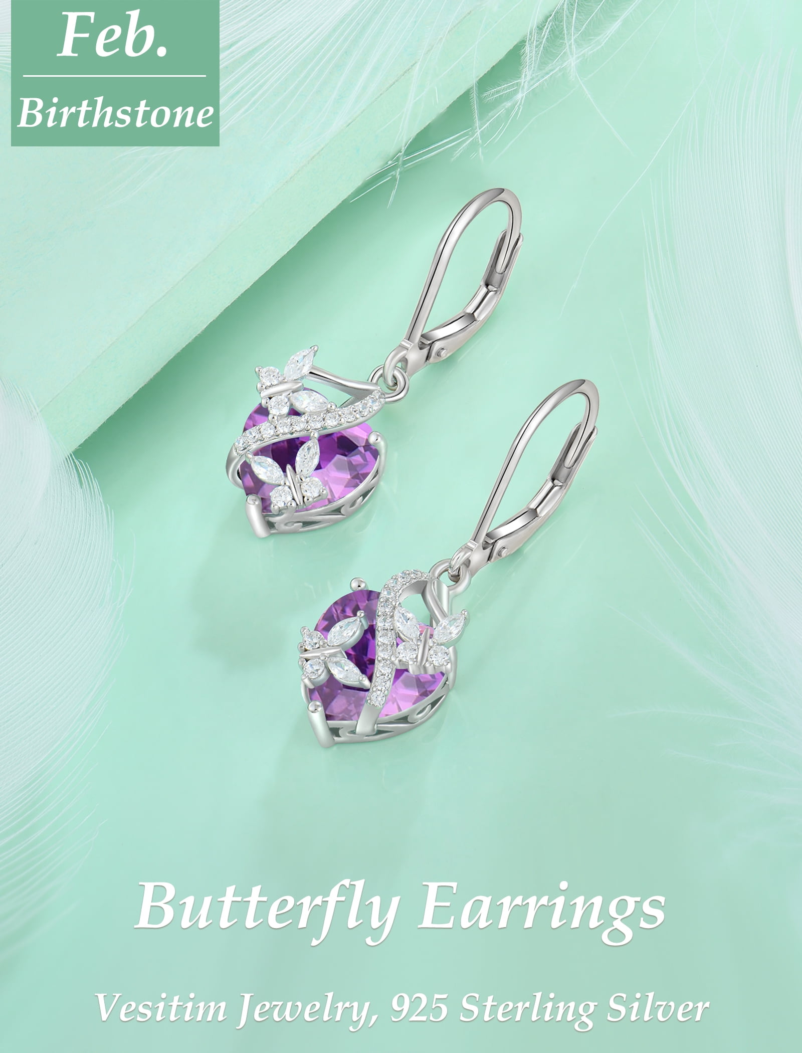VESITIM 925 Sterling Silver Butterfly Dangle Earrings for Women February Birthstone Amethyst Butterfly Earrings Jewelry Gift