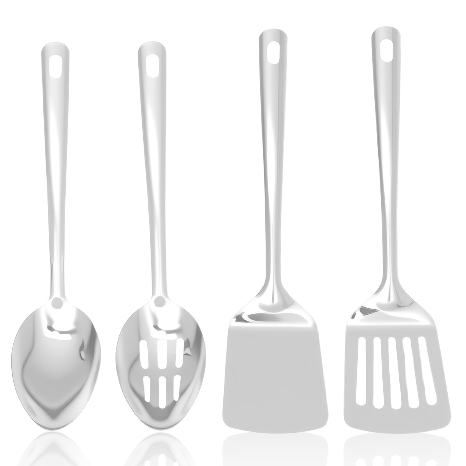Stainless Steel Cooking Utensils Set, 4-Piece Heavy Duty Metal Kitchen Utensils with Spatula and Serving Spoon, Silver