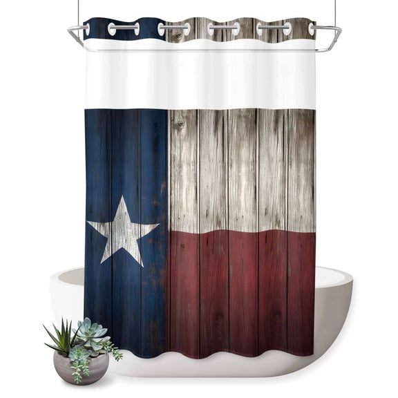 No Hook Shower Curtain with Built-in Rings - Retro Western Texas Stars Washable Waterproof Fabric Bathroom Curtains for Hotel,Rentals, 72X 96 Inch Extra Long , Rustic Country Wood