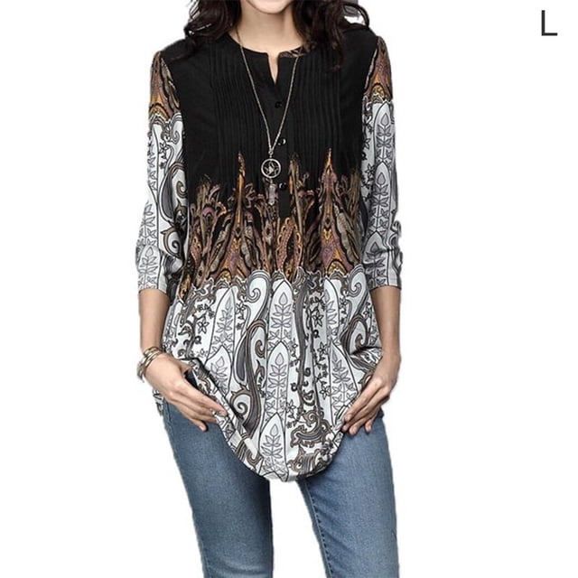 Femmes Chemise Bohème Imprimé T-shirt Col Rond Casual Top T-shirt Col Rond Top Chemisier, Noir, L