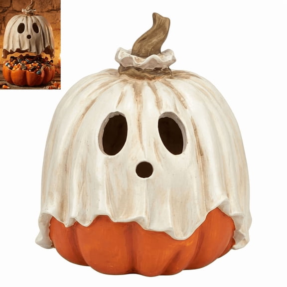 Ghost Masked Pumpkin Candy Bowl, 12 Inch Detachable Pumpkin Ghost Candy Bowl, Halloween Resin Candy Jar with Removable Ghost Lid for Home, Party, Fireplace Decor
