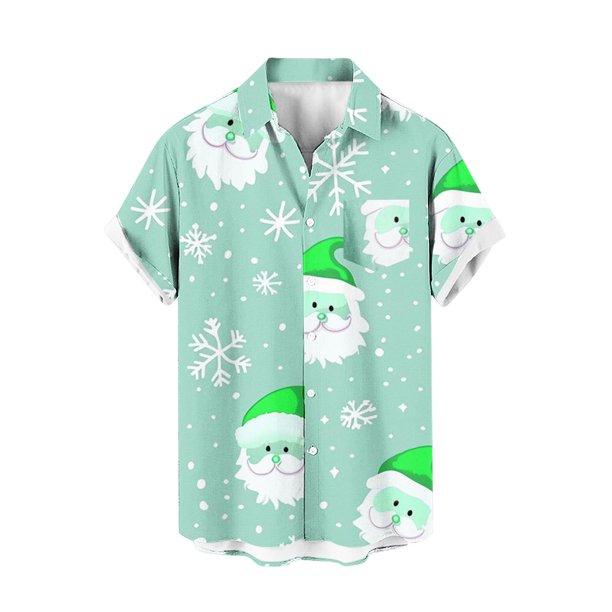 Mens Manga Corta Botón Abajo Camisas, Navidad Impreso Turndown Cuello Blusa, Top de Moda Casual