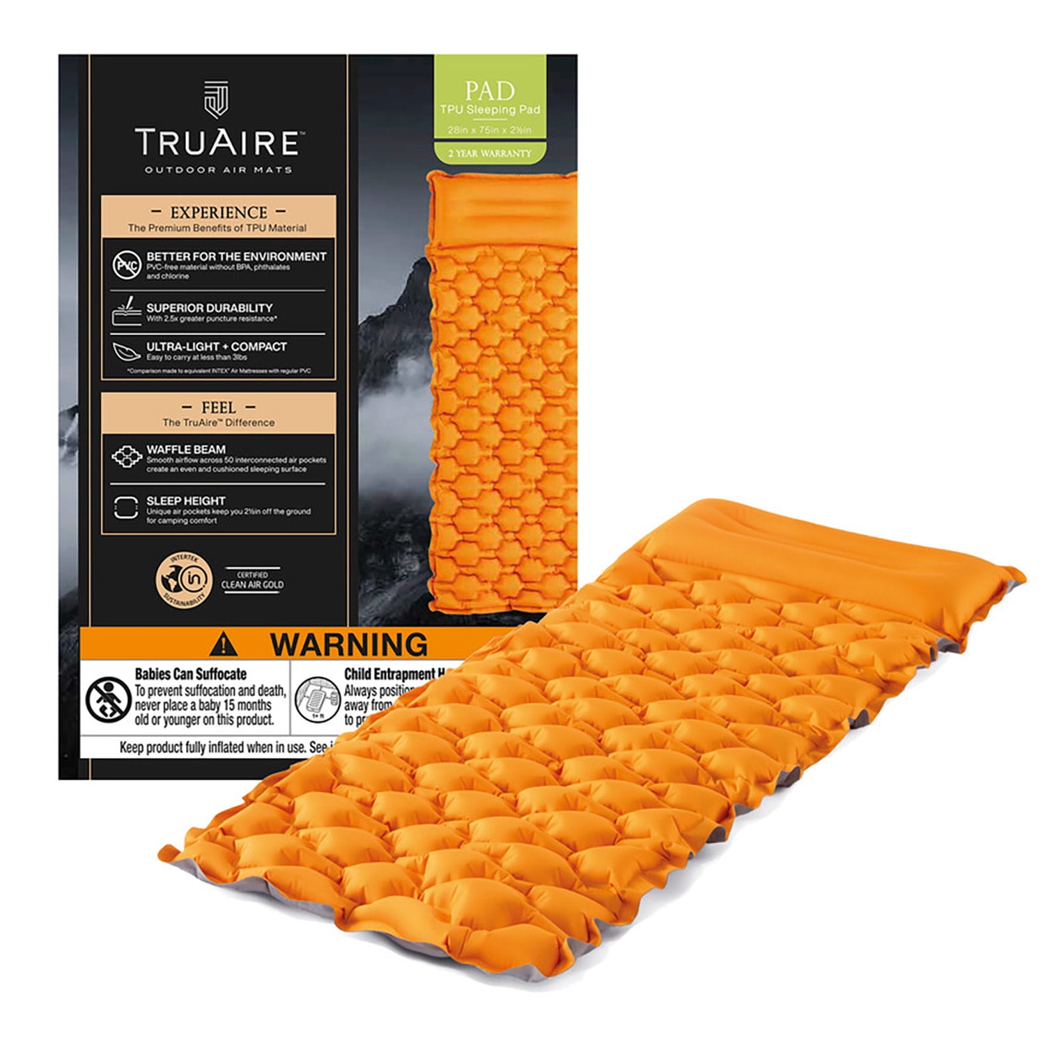 Intex: TruAire Sleeping Pad - 4.5" Inflatable Mattress, TPU Material, 2-Ply Laminate, Air Pocket Waffle Beam, Built-In Pillow, Lightweight, Carry Bag