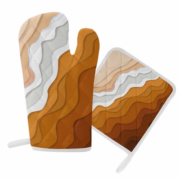 Oven Mitts and Pot Holder Set for Kitchen, Orange Beach Waves Kitchen Oven Gloves Heat Resistance Non-Slip Surface Potholders Abstract Art Hot Pads Sets for Cooking Baking Grilling BBQ