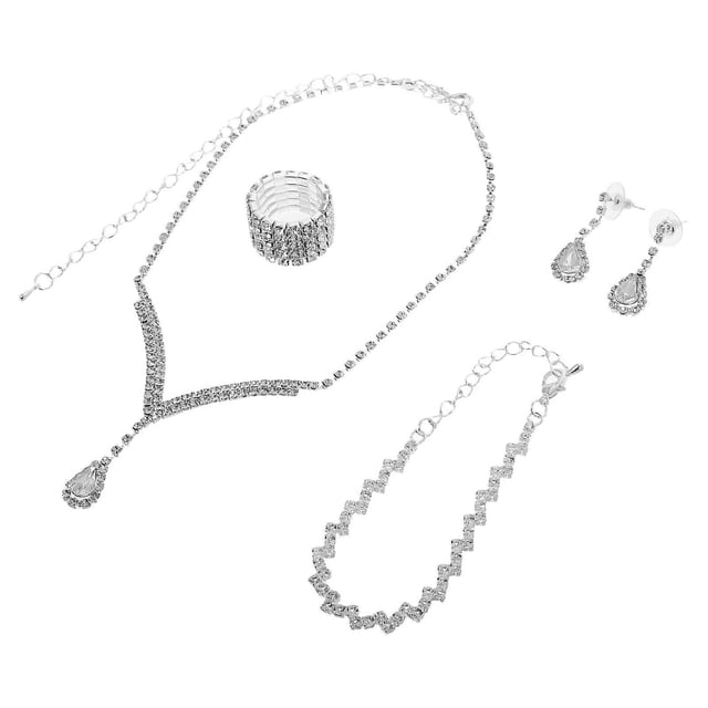 Elegant Crystal Rhinestone Wedding Jewelry Set For Women Includes Necklace Earrings Rings And Bracelet Bridal Accessories 5Pcs