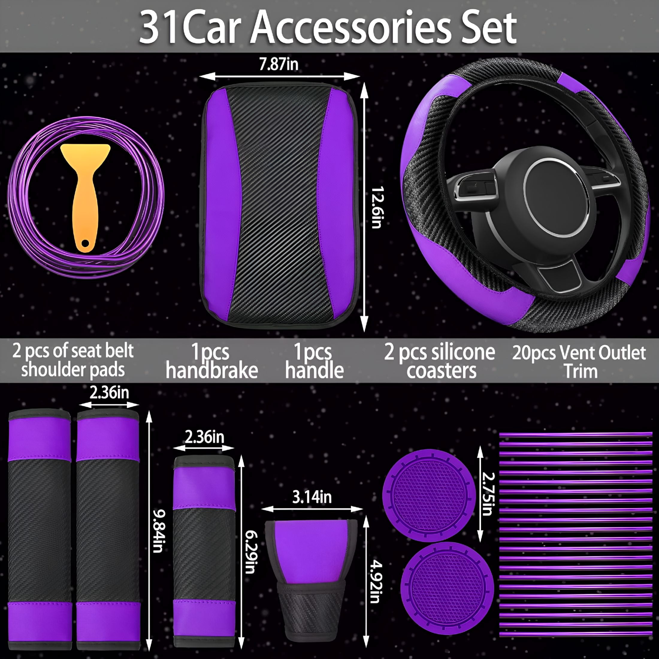 MELIVO 30PCS Car Accessories PU Leather Steering Wheel Cover Set, Car Accessories Gift for Women, Car Vent Trim Strips Air Conditioner Insert Strips Handbrake Cup Holder Cover, Purple
