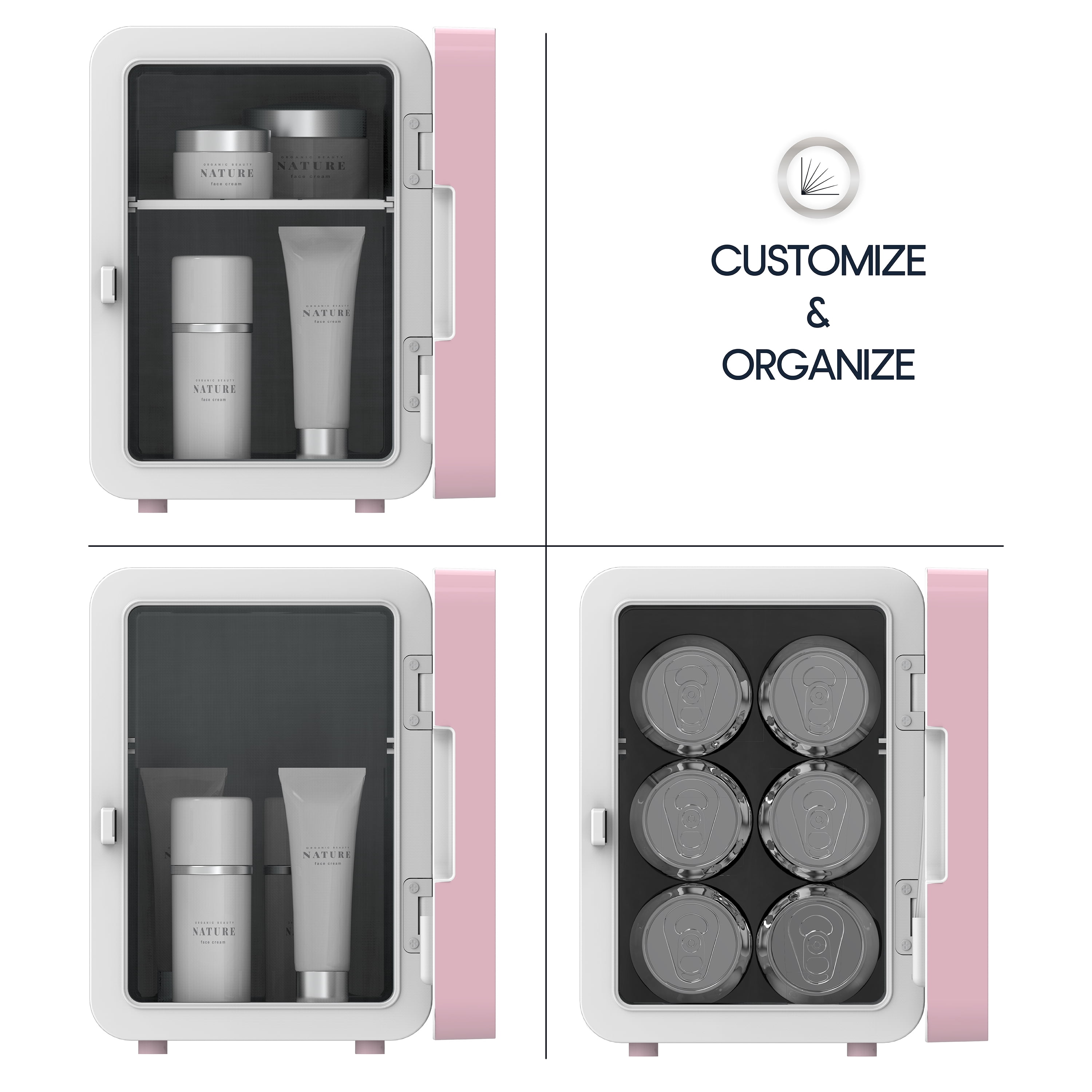 Icon Beauty LED Mirror Door 6.75in. Mini Cooler, 4-Liter Compact Mini Fridge with Touch-Control LED Light and Standard Door, New