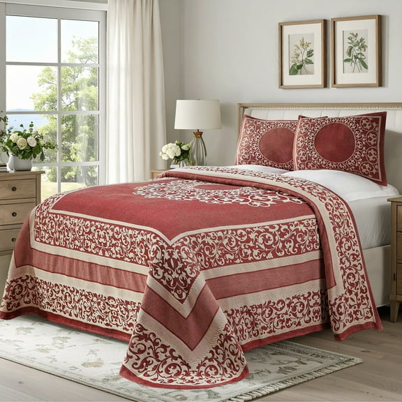 Superior Bohemian Mandala Lightweight Cotton Blend Woven Jacquard Bedspread Set, Twin, Berry Red