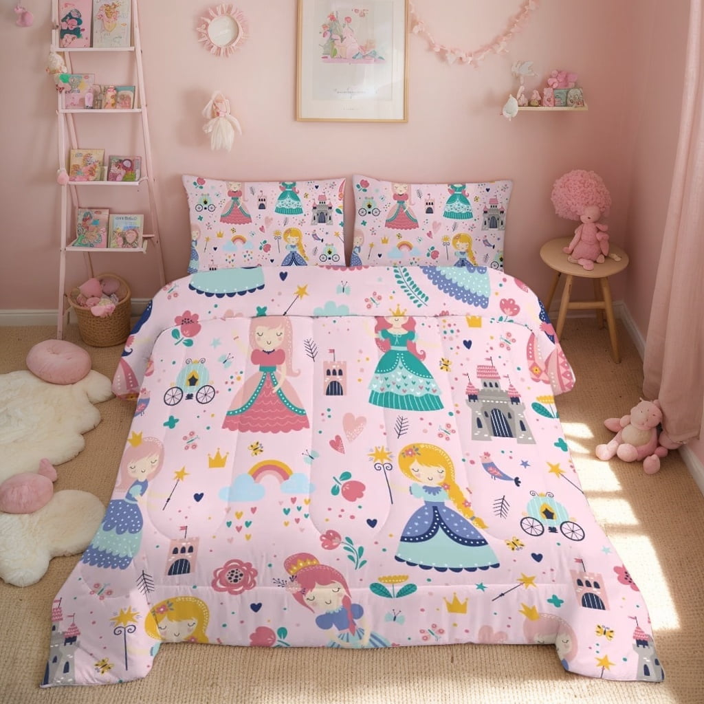 JJCOITR Pink Comforter Set Princess Fairy Castle Printed Pattern Quilt Bedding Set with 1 Comforter and 2 Pillowcases for Girls Kids Twin Size