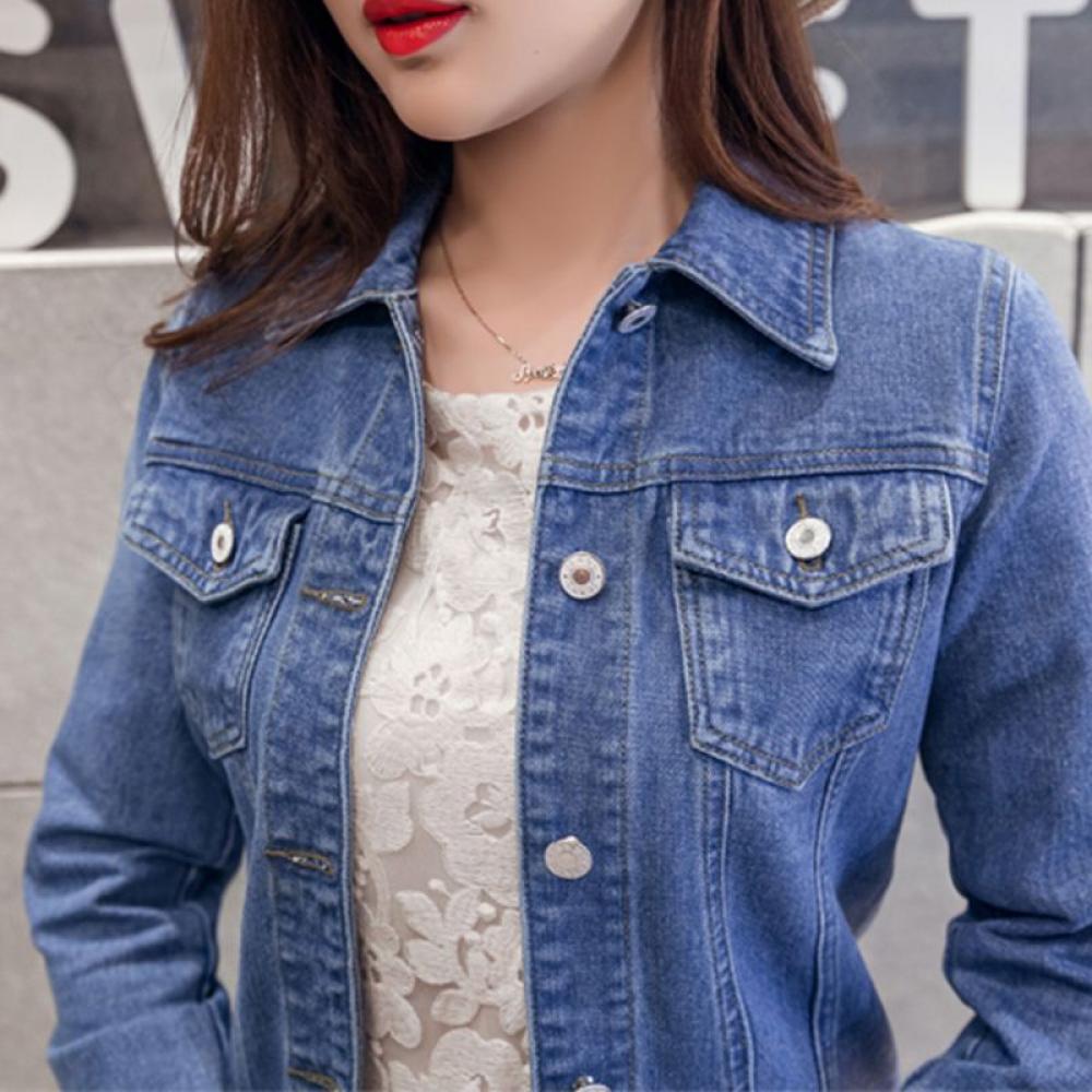 Wuffmeow Boyfriend Jean Jacket Women Denim Jackets Vintage Long Sleeve Jacket Casual Slim Coat - image 3 of 6