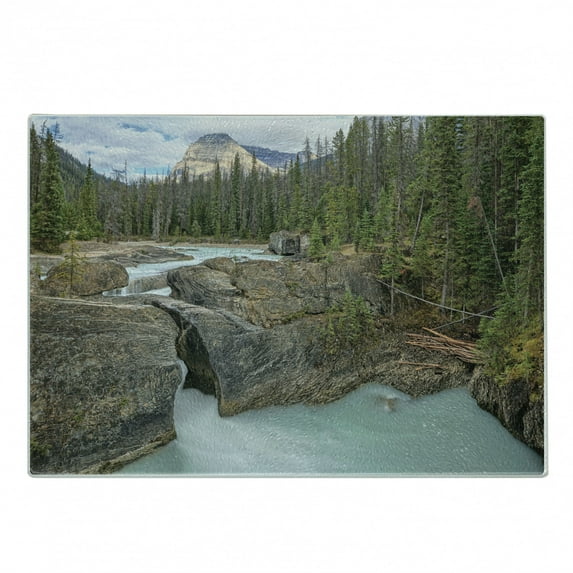 Landscape Cutting Board, Nature Outdoor Scene Photo of Natural Bridge with Mount Stephen and Forest, Decorative Tempered Glass Cutting and Serving Board, in 3 Sizes, by Ambesonne