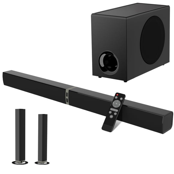 MZEIBO Barra de Sonido con subwoofer, Barra de Sonido de 120 W para Smart TV Sistema de Cine en casa con Sonido Envolvente Audio Bluetooth 5.3 Compatible con ARC, AUX, óptico