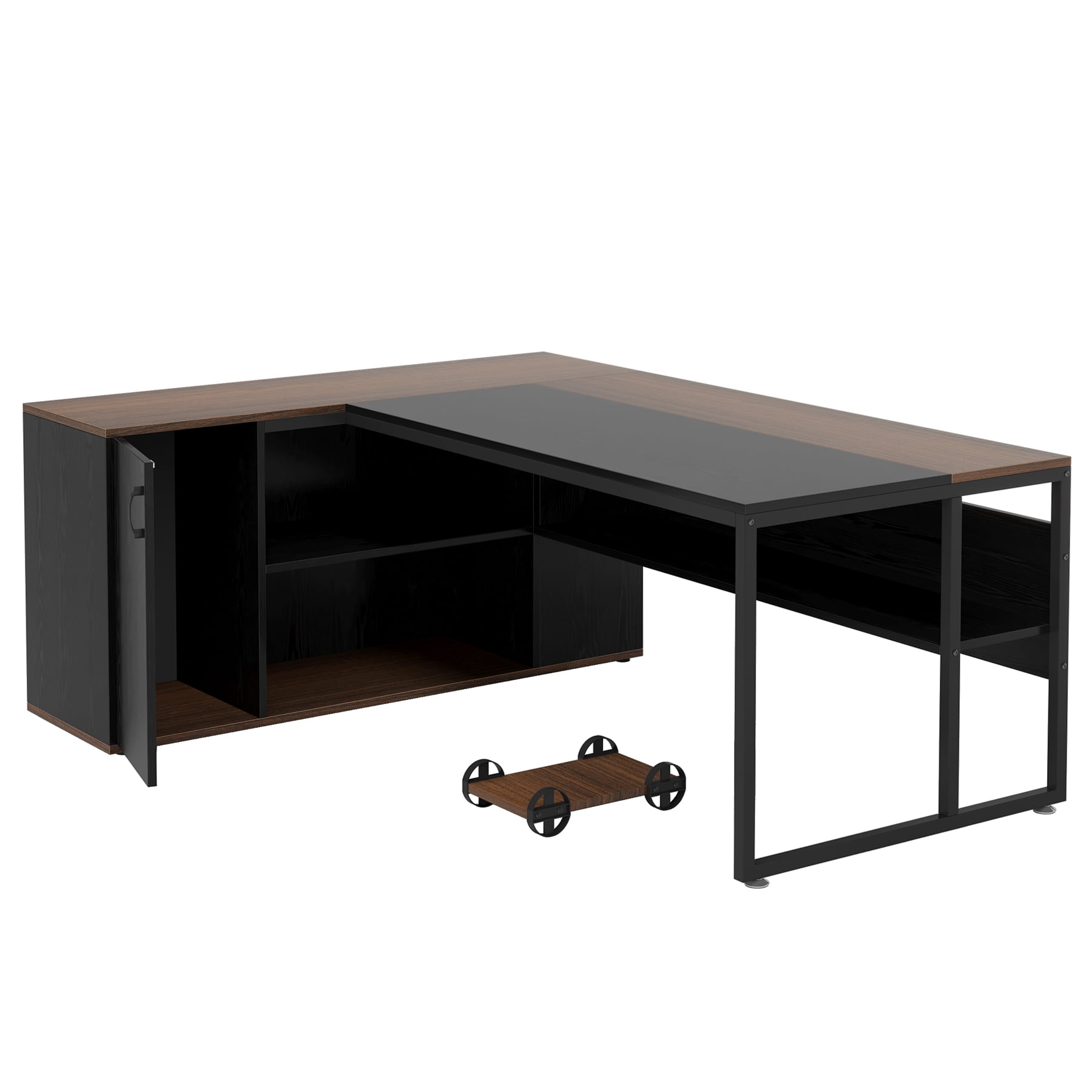 Finmind 71 inch Executive Desk, L Shaped Desk with Cabinet Storage, Executive Office Desk with Shelves, Business Furniture Workstation for Home Office, Black and Brown