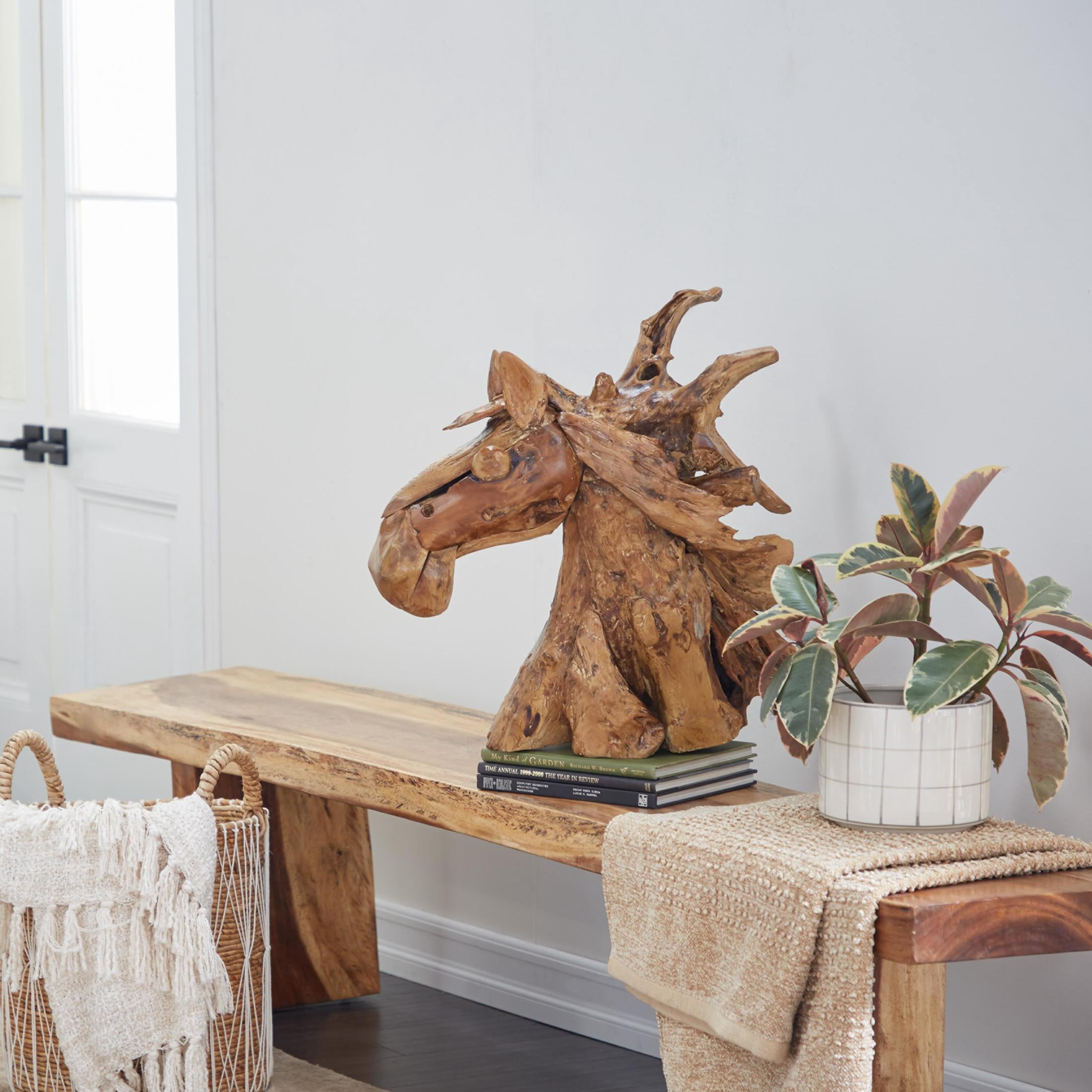 25" x 23" Brown Teak Wood Handmade Horse Sculpture, by DecMode