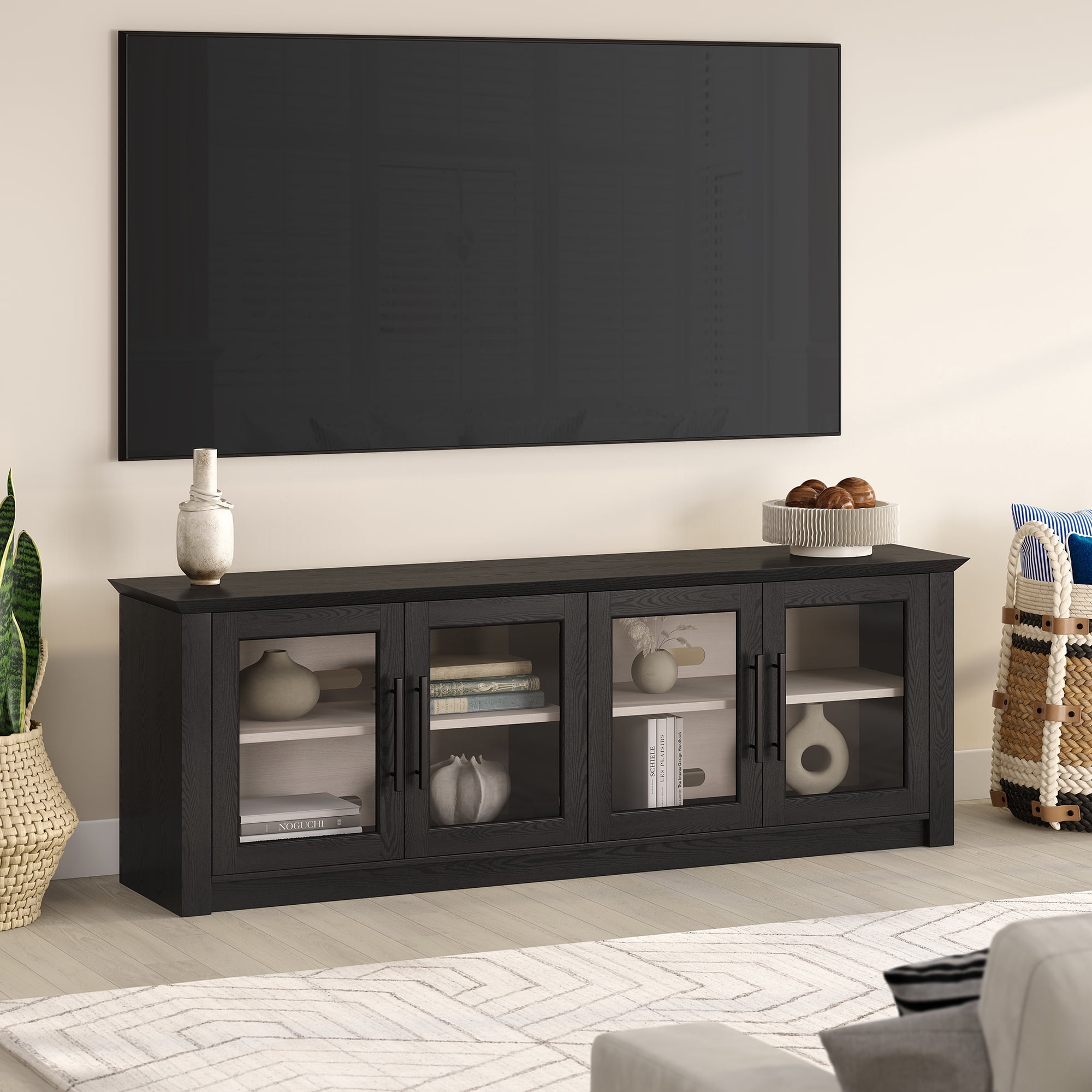 Thornwell Rectangular TV Stand for TV's up to 78" with Glass Doors in Black Grain/Alder White