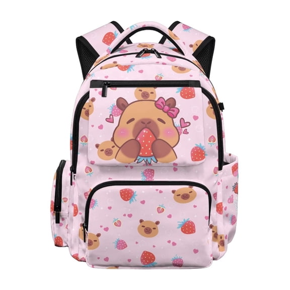 FKELYI Kids Backpack 17 Inch Spacious Schoolbag with Multi-Pockets for Elementary Student Pink Strawberry Capybara Print School Bookbag Casual Daypack for Girls Knapsack